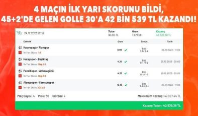 4 maçın ilk yarı skorunu bildi, 45+2’de gelen golle 30’a 42 bin 539 TL kazandı!